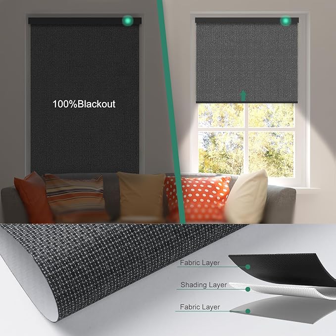 Motorized Blinds with Remote [100% Blackout & Silent Motor] Smart Blinds Compatible with Alexa Google HomeKit, Electric Roller Shades for Indoor Windows, Customized Size, Crossweave Charcoal