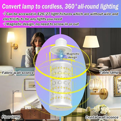 Battery Operated Light Bulb With Remote Control, 2 Pack Rechargeable Light Bulbs 360° lighting For Non-Hardwired Lamp, 10000mAh RGB Dimmable Bulbs Lighting Time Up To 60 Hrs for Home Power Outage