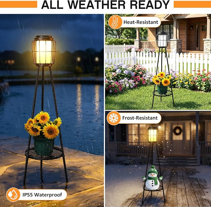 MXwcy 2 Pack Solar Lights Outdoor with Plant Stand, Waterproof Solar Floor Lamp & Tall Metal Planter Holder for Outside, Decorative Tripod Pathway Lantern for Patio, Garden, Porch, Yard Decor