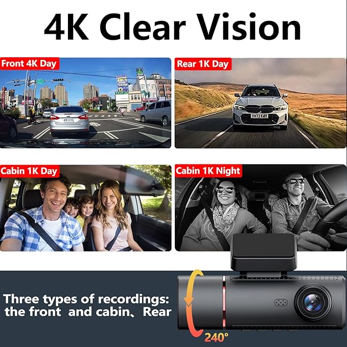 ChannelsTriple 3-in-1 Dash Cam | 4K Front, 1080P Interior & 1080P Rear Camera | with Wi-Fi Dashboard Camera | Parking Surveillance | Loop Recording | 64GB Card Included | Compatible with All Vehicles
