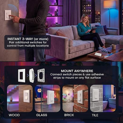 RunLessWire Click for Philips Hue Battery-Free Wireless Smart Switch White | Dimmable Kinetic Switch Pairs Natively to Philips Hue Bridge, 4 Programmable Buttons to Control Scenes & Areas, 100ft Range