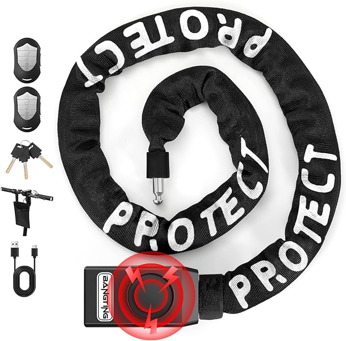 BANGTING 4FT Smart Alarm Bike Lock - 110dB Remote-Controlled Siren & 8mm Anti-Theft Chain with Key for Bicycle, E-Bike, Scooter, Motorcycle (Black)