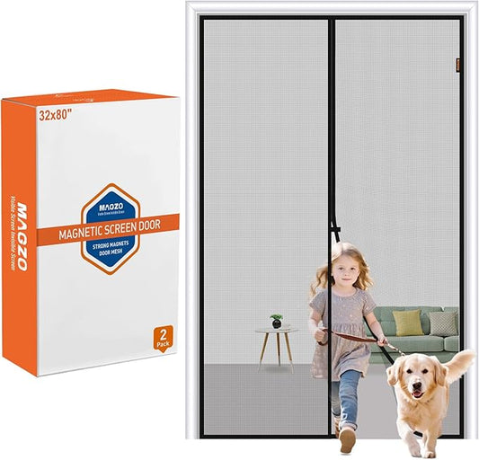 MAGZO Magnetic Screen Door 2 Pack Fit Door Size 32 x 80 Inch, Screen Size 34" x 81" Strong Magnets Mesh, Reinforced Fiberglass Net for Patio and Front Entrances, Gray