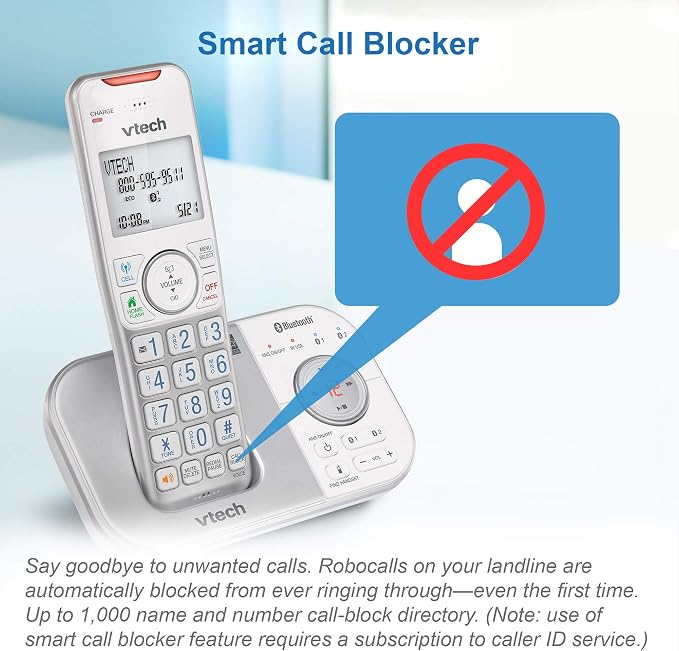 VTech VS112-37 DECT 6.0 Bluetooth 3 Handset Cordless Phone for Home with Answering Machine, Call Blocking, Caller ID, Intercom and Connect to Cell (Silver & White)