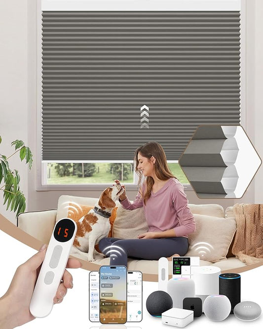 Kincmo Motorized Cellular Shades, Custom Motorized Blinds with Remote, Cordless Smart Electric Honeycomb Blinds Work with Apple HomeKit, Alexa, Google (100%-Blackout-Single-Cell Grey)