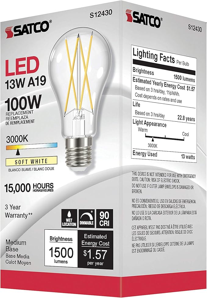 Satco S12430, Clear, Medium Base, 3000K, 90 CRI, 120 Volt, 12.5 Watt LED A19 Bulb