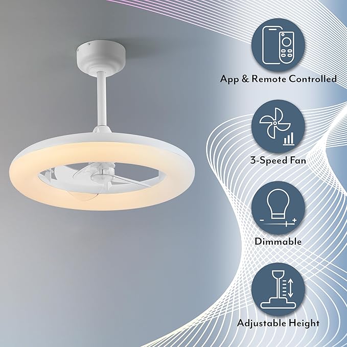 OVAL AIR AIR8001C Piero 21.5" Contemporary Minimalist 6-Speed Metal Mobile-App/Remote-Controlled Dimmable Smart Integrated LED Ceiling Fan Bedroom, Living Room, Dining Room, Frost White