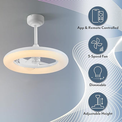 OVAL AIR AIR8001C Piero 21.5" Contemporary Minimalist 6-Speed Metal Mobile-App/Remote-Controlled Dimmable Smart Integrated LED Ceiling Fan Bedroom, Living Room, Dining Room, Frost White