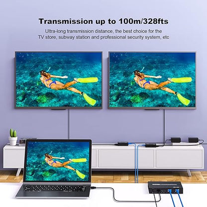 HDMI Extender Splitter 1 x 2, JCHICI 4K@30Hz 100M(328fts) HDMI Splitter with Loopout and EDID Copy Function, Lossless Transmission and Zero Latency, Support 3D