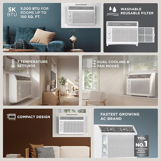 TCL 5000 BTU Window Air Conditioner, Compact Energy Efficient AC Unit with Fan & Reusable Filter for Bedroom, Living Room, Garage, Other Rooms Up To 150 Sq. Ft.