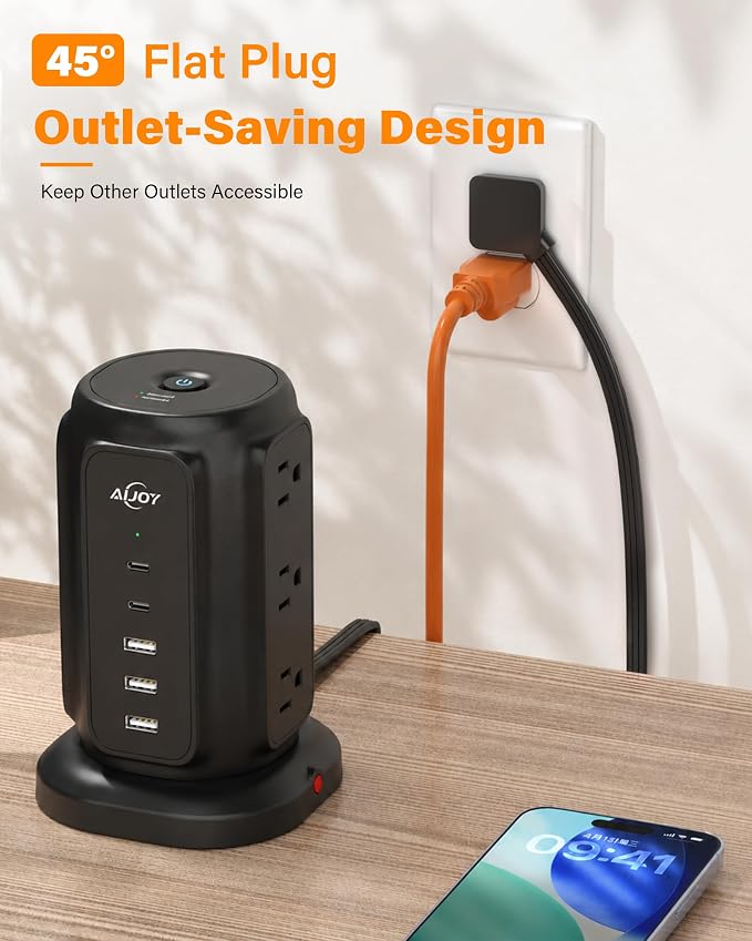 AiJoy 10FT Flat Plug Power Strip Tower with 9 AC Outlets and 5 USB Ports | 1200J Surge Protector Power Strip Outlet Extender Charging Station for Home, Office Supplies, Dorm Essentials