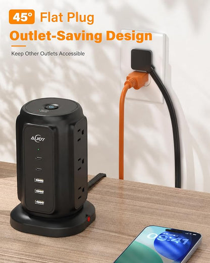 AiJoy 10FT Flat Plug Power Strip Tower with 9 AC Outlets and 5 USB Ports | 1200J Surge Protector Power Strip Outlet Extender Charging Station for Home, Office Supplies, Dorm Essentials
