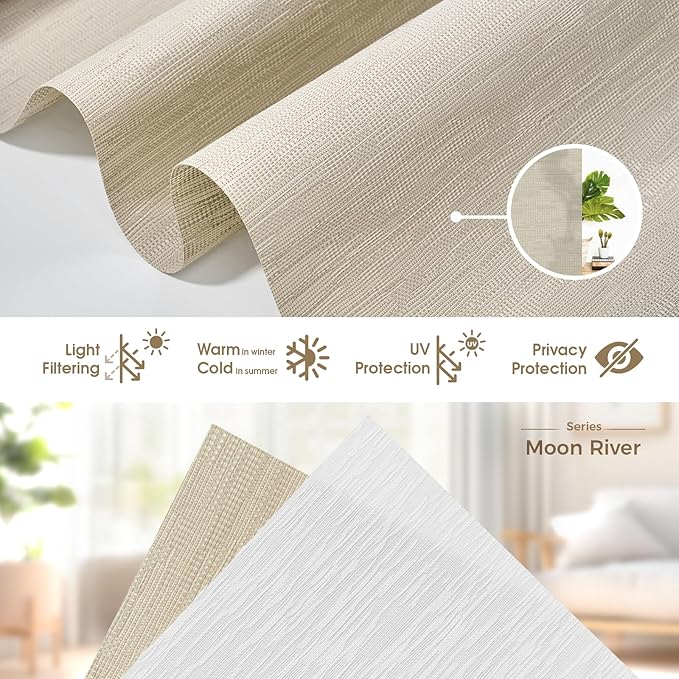 HeyBlinds Motorized Blinds with Remote, Smart Roller Shades with App & Voice Control, Work with Alexa Google HomeKit, Light Filtering Custom Window Shades for Living Room Office (Moon River-Sand LF)