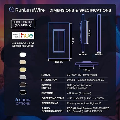 RunLessWire Click for Hue Battery-Free Wireless Switch 2 Pack Light Almond | Dimmable Kinetic Switch Pairs Natively to Philips Hue Bridge, 4 Programmable Buttons to Control Scenes & Areas, 100ft Range
