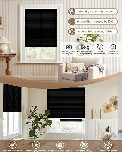 Kincmo Motorized Cellular Shades, Custom Motorized Blinds with Remote, Cordless Smart Electric Honeycomb Blinds Work with Apple HomeKit, Alexa, Google (75%-Blackout-Single-Cell Black)
