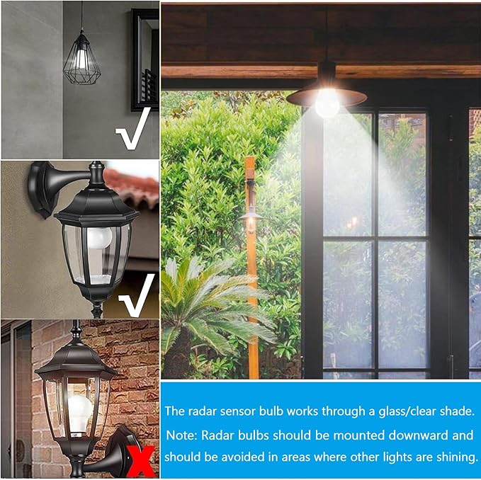 Radar Motion Sensor Light Bulb, Adjustable Detection Range 12W (100 Watt Equivalent) A19 Motion Sensing Outdoor Bulb Auto-Activated Dusk to Dawn LED Bulb, Daylight 5000K E26 1100LM, 2Pack