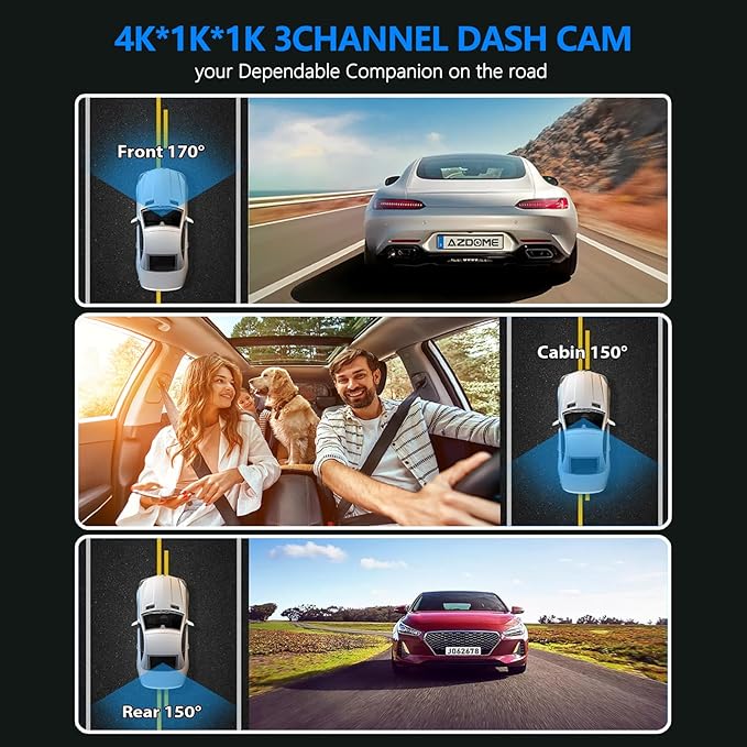 ChannelsTriple 3-in-1 Dash Cam | 4K Front, 1080P Interior & 1080P Rear Camera | with Wi-Fi Dashboard Camera | Parking Surveillance | Loop Recording | 64GB Card Included | Compatible with All Vehicles