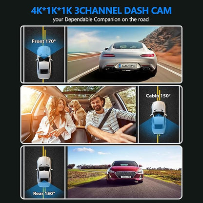ChannelsTriple 3-in-1 Dash Cam | 4K Front, 1080P Interior & 1080P Rear Camera | with Wi-Fi Dashboard Camera | Parking Surveillance | Loop Recording | 64GB Card Included | Compatible with All Vehicles