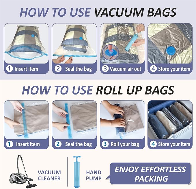 Vacuum Storage Bags with Hand Pump, Vacuum Seal Space Saver Bags,25 Combo | 80% Space-Saving Bags for Clothing, Blankets, Pillows, Bedding & Comforters; Multi-Size Variety Pack for Home & Travel