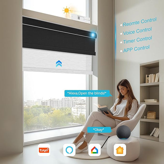 BERISSA Smart Motorized Dual Roller Shades with Remote,APP/Voice Control Blackout&Light Filtering Double Roller Blinds for Windows,Automatic Electric Shades with Solar Pannel.Custom Size