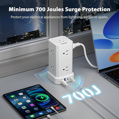 Power Strip with USB, TOPREK Power Strip Tower with 9 Outlets, 2 USB-C, 2 USB-A, Convertible Outlet Extender & Desk Charging Block, 6.5 FT Flat Plug Extension Cord for Home Office, Kitchen 1625W/13A