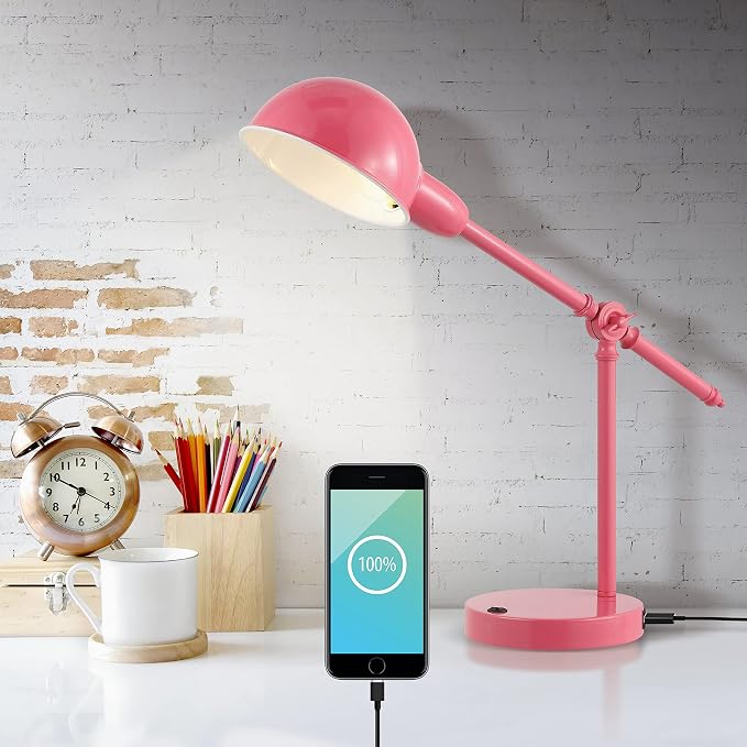 JONATHAN Y Curtis Task Lamp 20.25" Industrial Metal Adjustable USB, Pink | Vintage Style, Dome Shade, LED Bulb Included, Perfect for Home Office or Nightstand