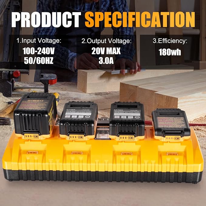 4 Port Battery Charger Fits for Dewalt 12V 20V Max Lithium Battery, DCB104 | Multi Battery Charging Station with USB Ports, Fits for Dewalt Lithium Batteries for Jobsite, Workshop and Home Garage Use