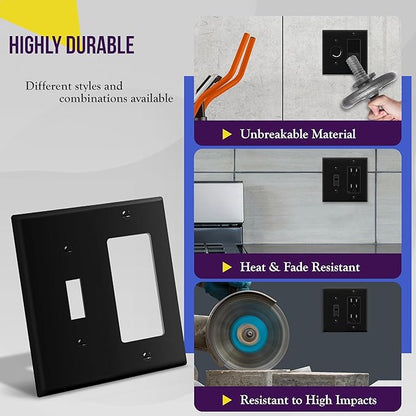 ENERLITES Combination Toggle Light Switch/Decorator Light Switch Plate, Double Switch Wall Plate, Standard Size 2-Gang 4.50" x 4.57", Polycarbonate Thermoplastic, 881131-BK, Black