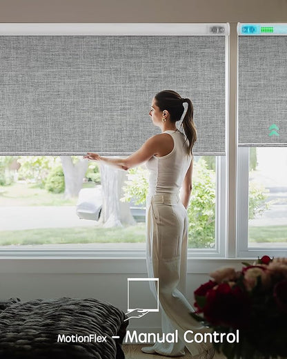 Yoolax Motorized Shades Dual Control, MotionFlex Motorized Roller Shades with App & Manual Control, Pull Down Automatic Shades for Indoor Windows, Custom Size(Blackout Smoky Gray)