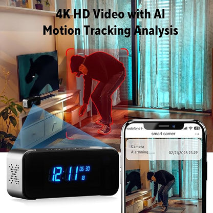 Hidden Camera with Alarm Clock & Bluetooth,Ultra 4K HD Wireless Indoor Camera for Home Security,WiFi Mini Nanny Cam with Night Vision,Motion Detection,Remote Live Stream