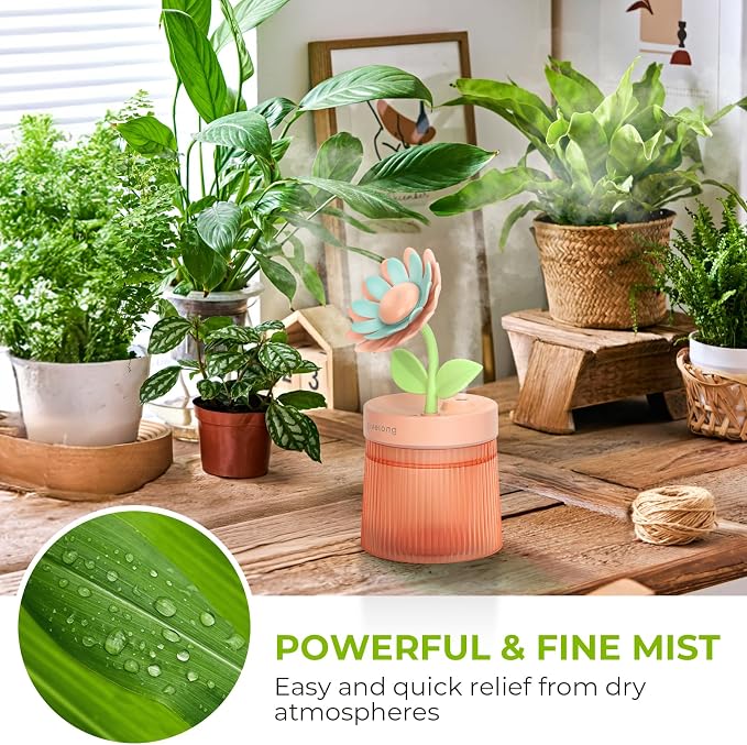 Cute Flower Mini Humidifier, Small Cool Mist Desk Humidifiers, Portable USB Personal Desktop Plant Humidifiers, Cooling for Home Office Car Travel Indoor Outdoor (260ml, Pink Sunflower)