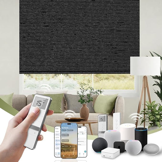 FineTell Motorized Blinds with Remote, 100% Blackout Roller Shades Work with Alexa,Apple Homekit,Google Home APP and Voice Control, Customized Electric Blinds (100% Blackout Eclipse Obsidian Black)