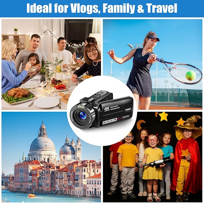 4K Camcorder Video Camera, 80MP HD Vlogging Camera for YouTube with IR Night Vision, 18X Digital Zoom, 3.0" IPS Screen, SD Card, 2 Batteries