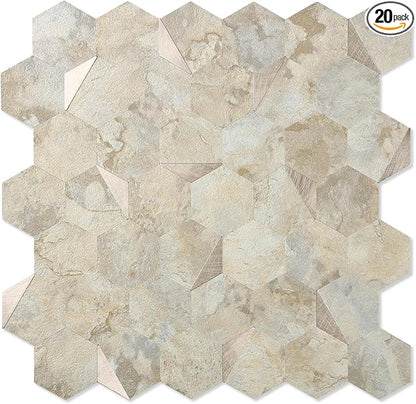 20 Sheets Hexagon Peel and Stick Backsplash for Kitchen Wall, Heat Resistant Stick on Backsplash PVC Smart Tiles, 12'' Ecru Beige Stone Waterproof Peel and Stick Tile for Bathroom