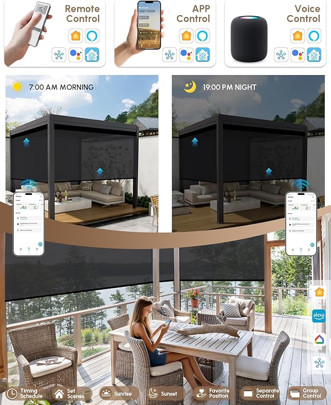 Kincmo Motorized Outdoor Shades for Patio Porch, Custom Outdoor Motorized Blinds with Remote, Waterproof & Windproof Patio Shades Work with Apple Homekit,Alexa,Google (3% Openness Black)