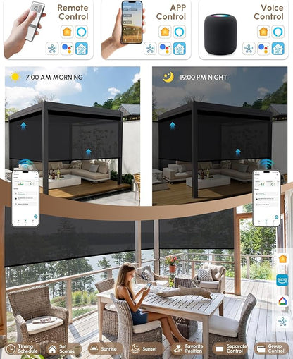 Kincmo Motorized Outdoor Shades for Patio Porch, Custom Outdoor Motorized Blinds with Remote, Waterproof & Windproof Patio Shades Work with Apple Homekit,Alexa,Google (3% Openness Black)