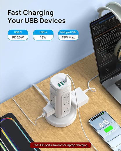 TROND Rotating Plug Power Strip Tower PD 20W - 5ft Retractable Extension Cord Surge Protector, 12 Outlets, 4 USB, 1700J Protection, Space Saving Home Office Desk Supplies, Dorm Room Essentials