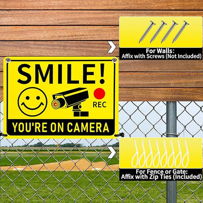 2 Pack Smile You're on Camera Signs – Video Surveillance Signs Outdoor, 10"x7" Rust-Free Aluminum Warning Sign, UV Printed Weatherproof Security Camera Sign for Home, Business, Fence, Driveway, CCTV