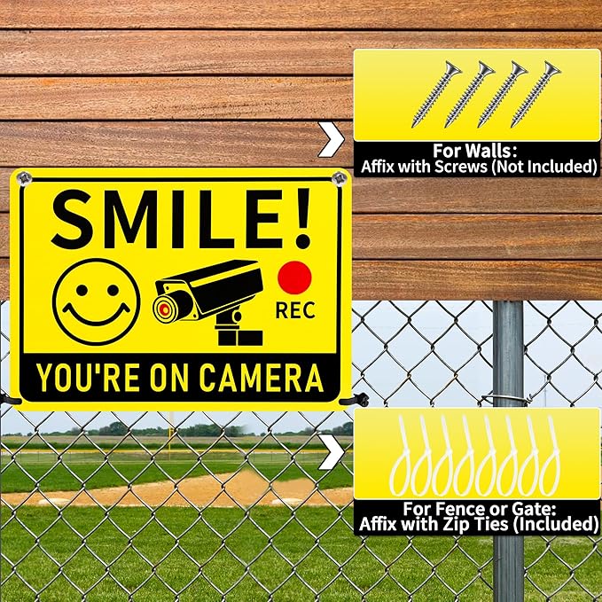 4 Pack Smile You're on Camera Signs – Video Surveillance Signs Outdoor, 10"x7" Rust-Free Aluminum Warning Sign, UV Printed, Weatherproof Security Camera Sign for Home, Business, Fence, Driveway, CCTV