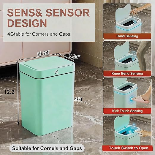 Smart Sensor Trash Can, 4 Gallon Automatic Touchless Garbage Bin with Odor Lock & Removable Bucket, IPX5 Waterproof,for Kitchen, Bathroom, Bedroom, Home.2-Green