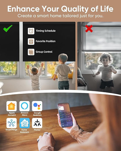 Motorized Blinds with Remote: Kincmo 100% Blackout Roller Shades Work with Apple Homekit,Alexa,Google Home, Customized Electric Blinds with App,Voice Control (100% Blackout Pure Black)