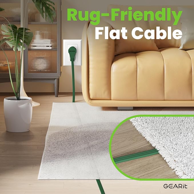 GEARit 25 ft 360° Rotating Flat Plug Extension Cord, 3 Outlet Low Profile Power Cord, 16 AWG 13A 3 Prong Grounded Indoor Cord, ETL Listed, Space-Saving for Furniture, Green