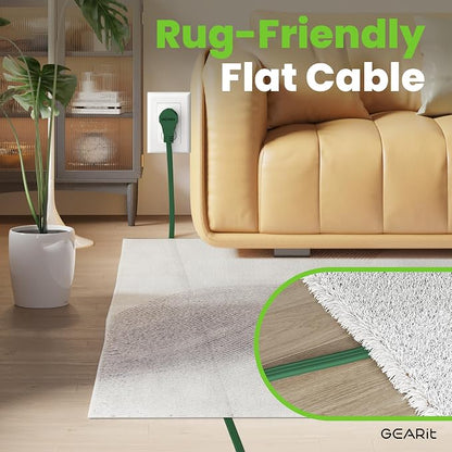 GEARit 25 ft 360° Rotating Flat Plug Extension Cord, 3 Outlet Low Profile Power Cord, 16 AWG 13A 3 Prong Grounded Indoor Cord, ETL Listed, Space-Saving for Furniture, Green