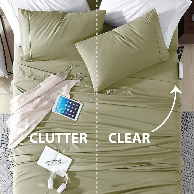 Swift Home Smart Sheets, Ultra Soft Brushed Microfiber 4-Piece Sheet Set, Fitted Bed Sheet with Side Storage Pockets – Sage, Full