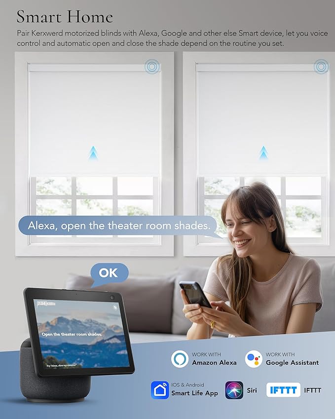 Motorized Blinds Compatible with Alexa Google Custom to 115" Width 100% Blackout Smart Blind Automatic Large Window Roller Shades Remote Control Pure White