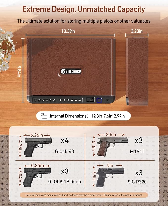 BILLCONCH Smart Gun Safe with Fingerprint, App, Keypad,LCD& Security Cable | Handgun Safe with 4 Quick-Access Methods, Voice Guidance, Built-in LED Light, Ideal for Nightstand, Bedside and Home - Brown