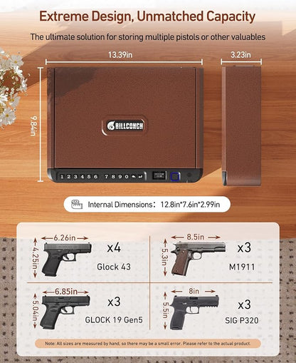 BILLCONCH Smart Gun Safe with Fingerprint, App, Keypad,LCD& Security Cable | Handgun Safe with 4 Quick-Access Methods, Voice Guidance, Built-in LED Light, Ideal for Nightstand, Bedside and Home - Brown