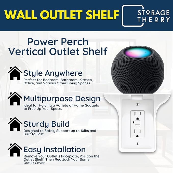 BeraTek Power Perch Wall Outlet Shelf with Cord Storage - Space Saving Organizer for Apple HomePod Mini, Alexa Devices Holder for Mom - White, 1-Pack