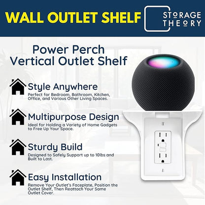 BeraTek Power Perch Wall Outlet Shelf with Cord Storage Strap - Declutter & Reclaim Counter Space - Alexa Holder, Charging Stand, Apple Homepod Mini Wall Mount - White, 2-Pack