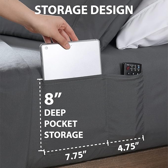 Swift Home Smart Sheets, Ultra Soft Brushed Microfiber 3-Piece Sheet Set, Fitted Bed Sheet with Side Storage Pockets – Grey, Twin XL